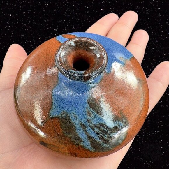Vintage Hand Trown Art Pottery Bud Vase Signed Hand Made Ceramic Blue Red Drip - Picture 12 of 16